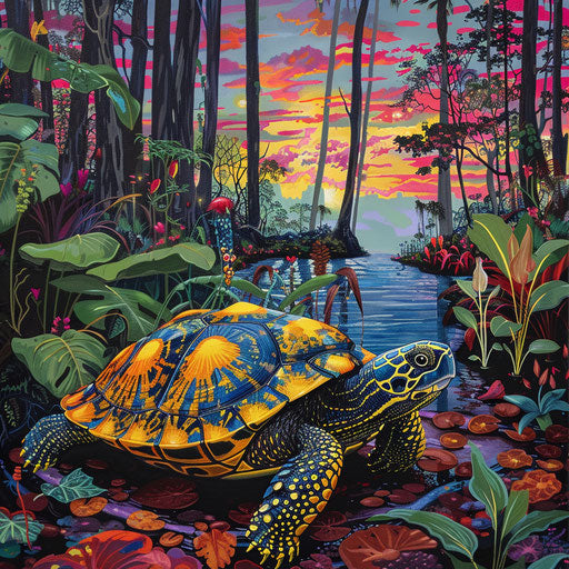 Yellow spotted turtle in the heart of a vibrant jungle