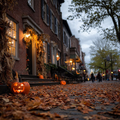 Autumn Evening with Halloween Decorations and Pumpkins