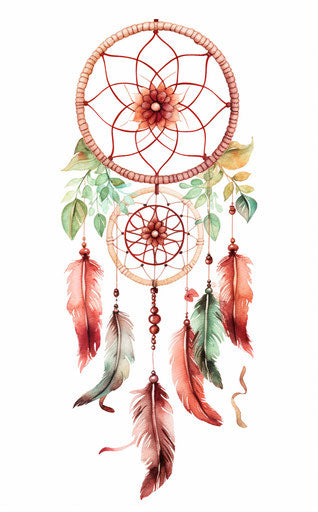 Watercolor dream catcher ornament, feathers, maroon emerald style