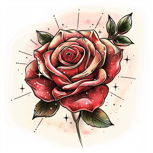 Sketch of a traditional clipart style sparkle tattoo of a rose with sparkling red and pink petals