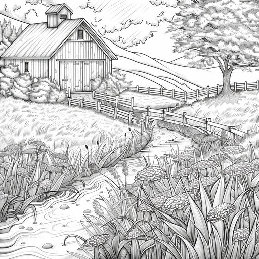 Peaceful morning with a barn and dew-covered grass