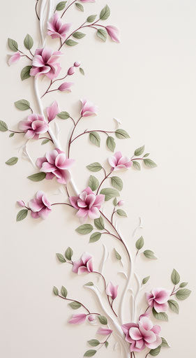 Floral vine stencil, wall border, stenciled wall decal, decorative wall and wall art, rose, light magenta and light green style, angular brushstrokes, photorealistic detail, miniature sculptures, brushstroke fields, minimalist purity 11:20