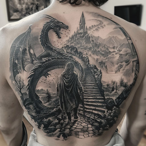 Epic tattoo of a hero's journey, Peter Jackson style