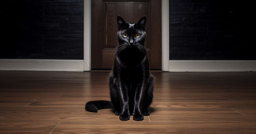 A black cat standing on the apartment floor