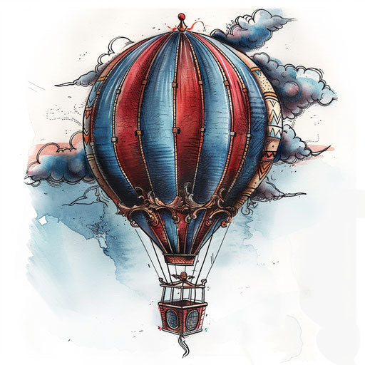 Stylish hot air balloon tattoo sketch floating in cloudy sky, red and blue, clipart style