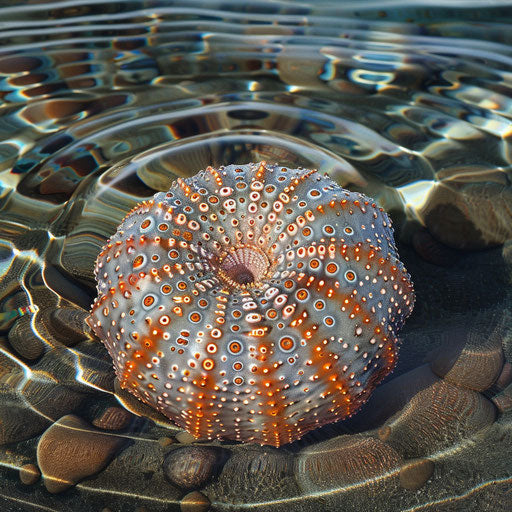 Sea urchin in shallow waters with intricate patterns on its shell