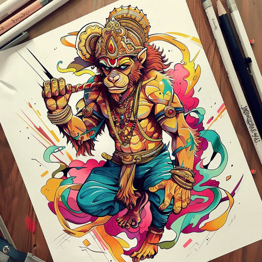 Vibrant and colorful flat tattoo sketch of Hanuman in heroic pose