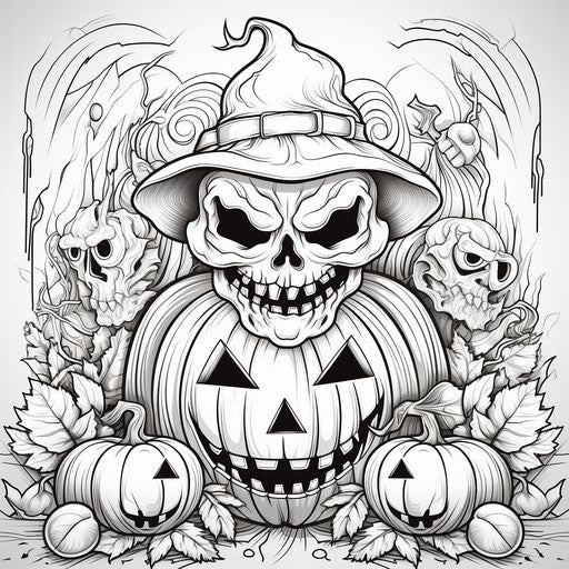Halloween coloring page with pumpkin monster and skull