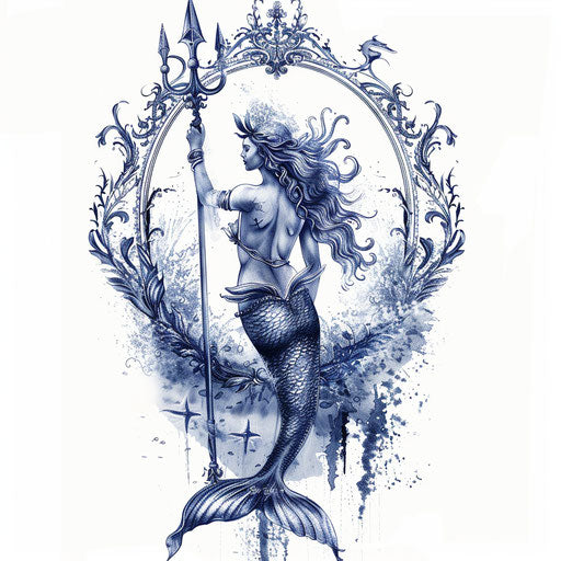 Nautical tattoo: mermaid with trident, watercolor style