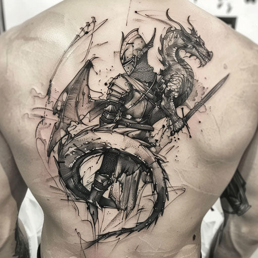 Artistic tattoo sketch of a knight and a dragon in battle, watercolor effect