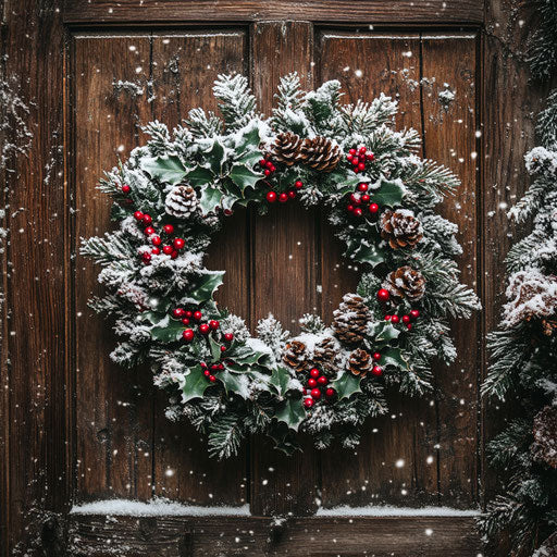 Ornate Christmas wreath hanging on rustic wooden door