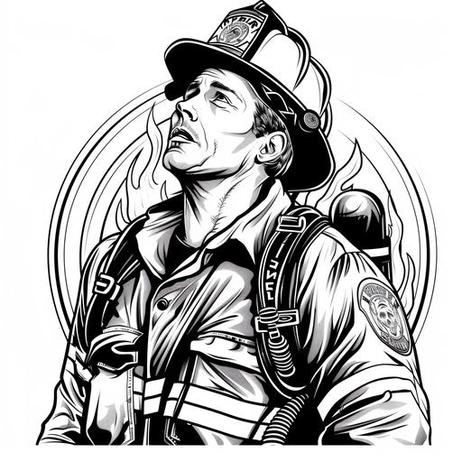 Firefighter with vintage fire hose flat tattoo sketch