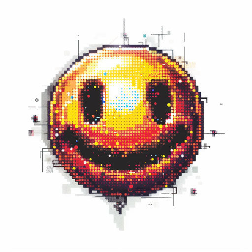 Digital pixel art of a smiley face tattoo, bright pixels, on white background
