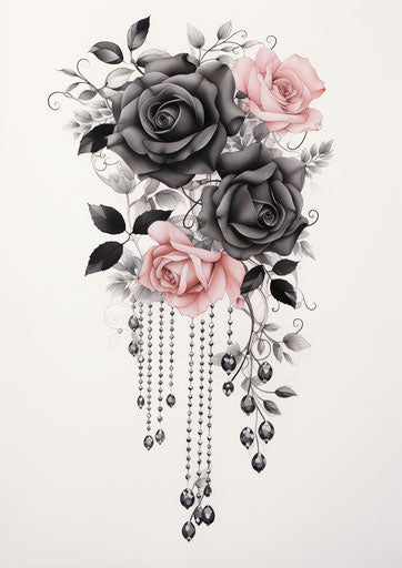 Black roses and beads, tattoo style, dark romantic
