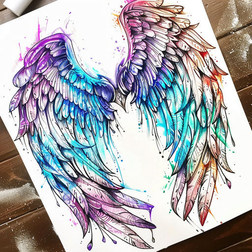 Fantasy elf wings tattoo drawing in magical colors