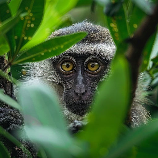 Curious vervet monkey in lush green bush