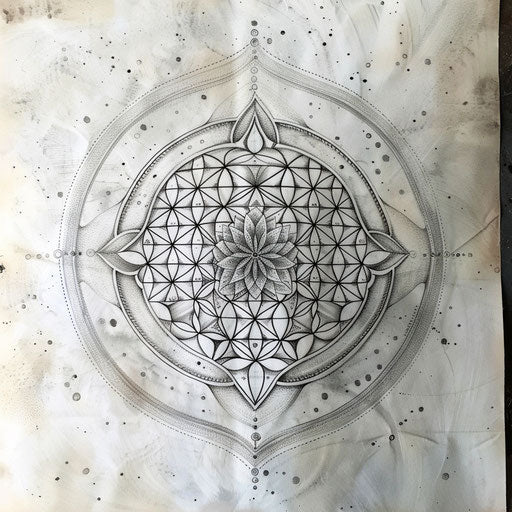 Elegant tattoo sketch of the Flower of Life, fine line work with silver highlights