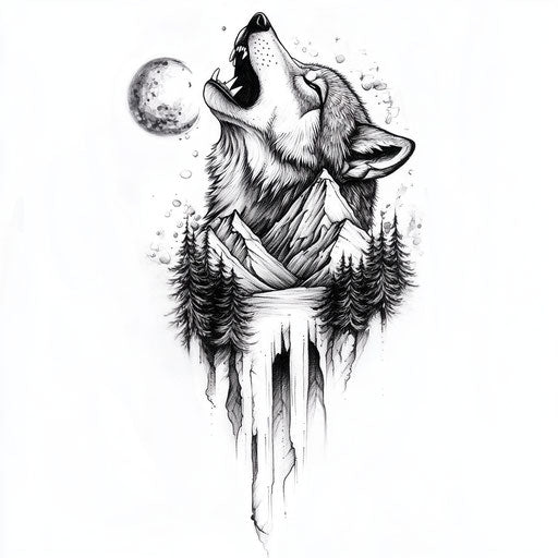Inner thigh tattoo sketch of howling wolf with mountains