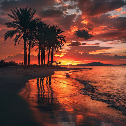 Golden Beach, Greece: Silhouetted Palm Trees at Fiery Sunset