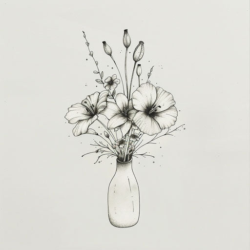 Minimalist sketch of birth flower bouquet with poppies and lilies in a simple vase