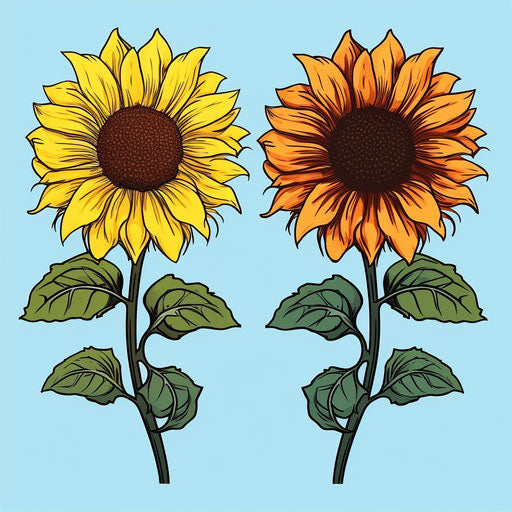 Ink drawing of two sunflowers in different colors