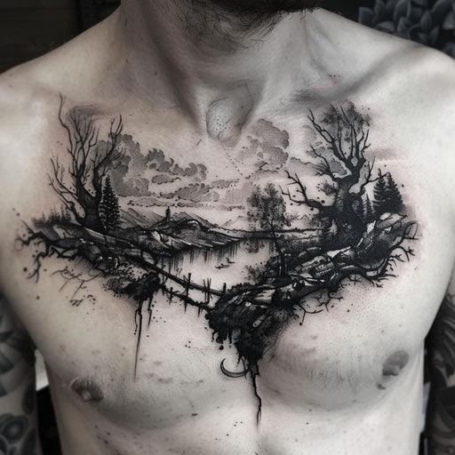 Men's chest tattoo of dark, surreal landscapes