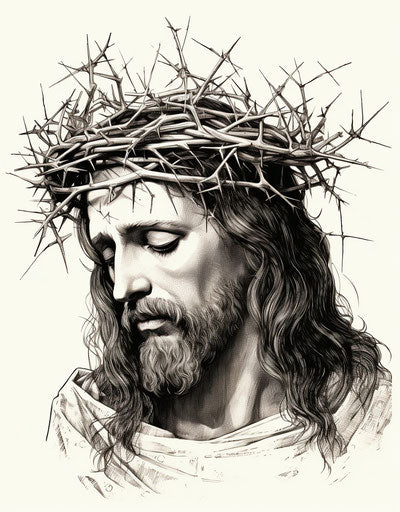 Jesus with thorns, detailed engraving style in black and white
