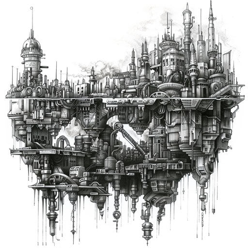 Post-apocalyptic mechanical tattoo design with dystopian cityscape and machinery on white background