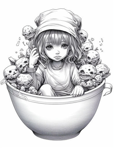 Girl sitting in a bowl - captivating inked drawing