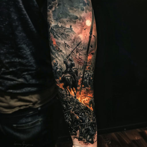 Epic battle scene sleeve tattoo in the style of Gerald Brom