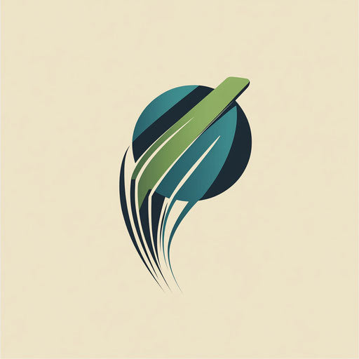 Minimalist cricket logo with abstract ball and bat symbol, sleek typography, blue and green colors, on flat beige background.