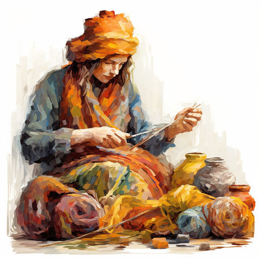 Knitting artwork in the style of oil painting, on a white background