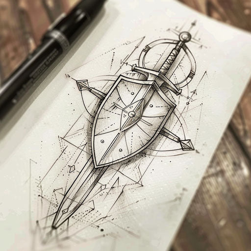 Sleek tattoo sketch of a knight's shield and crossed swords