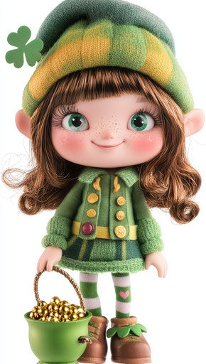 St. Patrick's Day, cute doll girl in green outfit with pot of gold and rainbow on white background