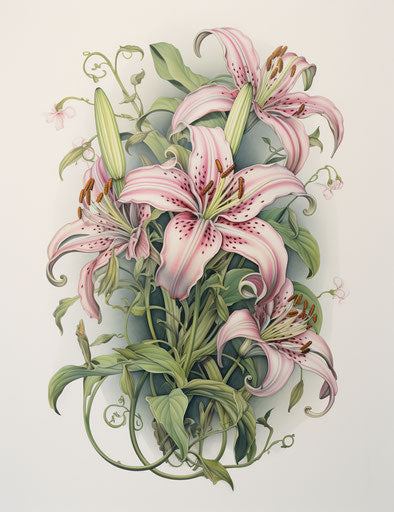 Pink lilies and vines, realistic and detailed, light pink and green