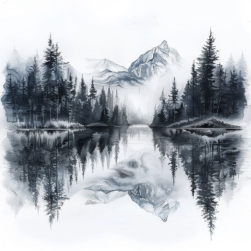 Serene river landscape tattoo in photorealistic style