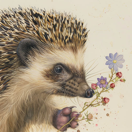 Delicate paws of a hedgehog holding spring flowers