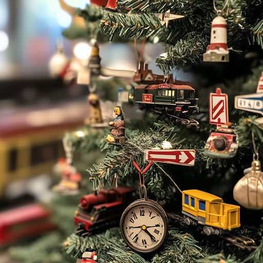 Christmas tree at station with miniature train decorations
