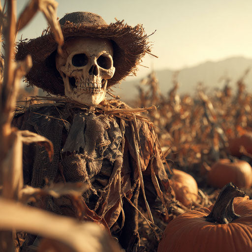A Spooky Skeleton Scarecrow in a Pumpkin Patch