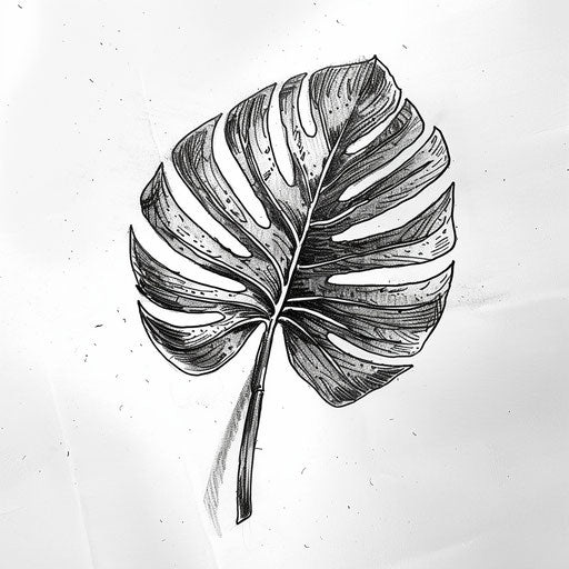 Black and white sketch of a monstera leaf, detailed tattoo design concept on a white canvas