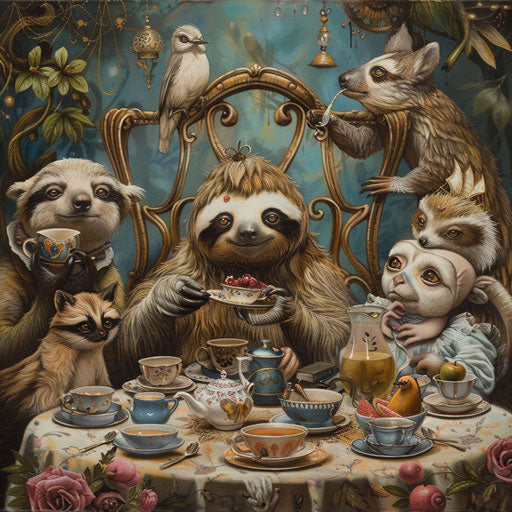 A surreal tea party with a sloth and eccentric animal characters