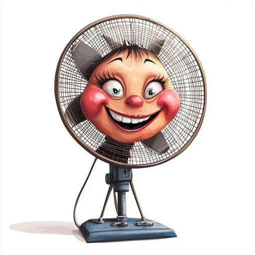 Humorous caricature of an electric fan with human characteristics