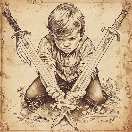 Vintage childhood play with wooden swords, clipart style