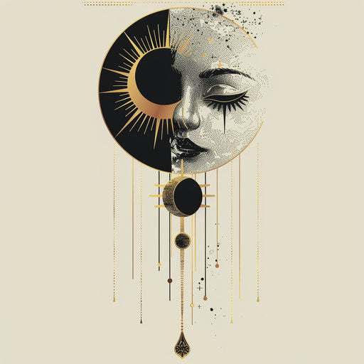 Chic tattoo sketch of an eclipse with art deco embellishments, in black and gold, clipart style