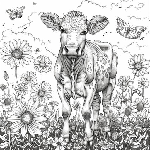 Cow in meadow, flowers and butterflies. Coloring page
