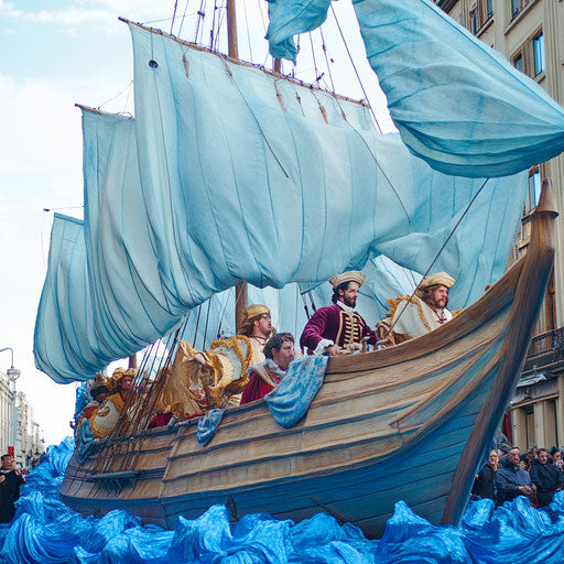 Pilgrim ship sailing on sea of blue fabric