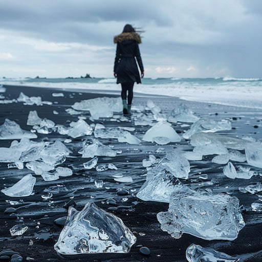 Diamond Beach Iceland with sparkling ice chunks on a cloudy day