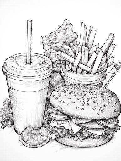 Fast food coloring pages, precisionist lines style