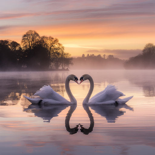 Swans forming heart on tranquil lake at twilight