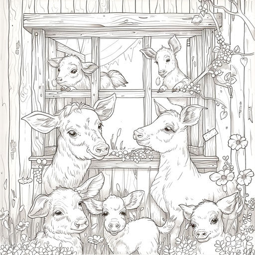 Curious farm animals peeking out of barn windows